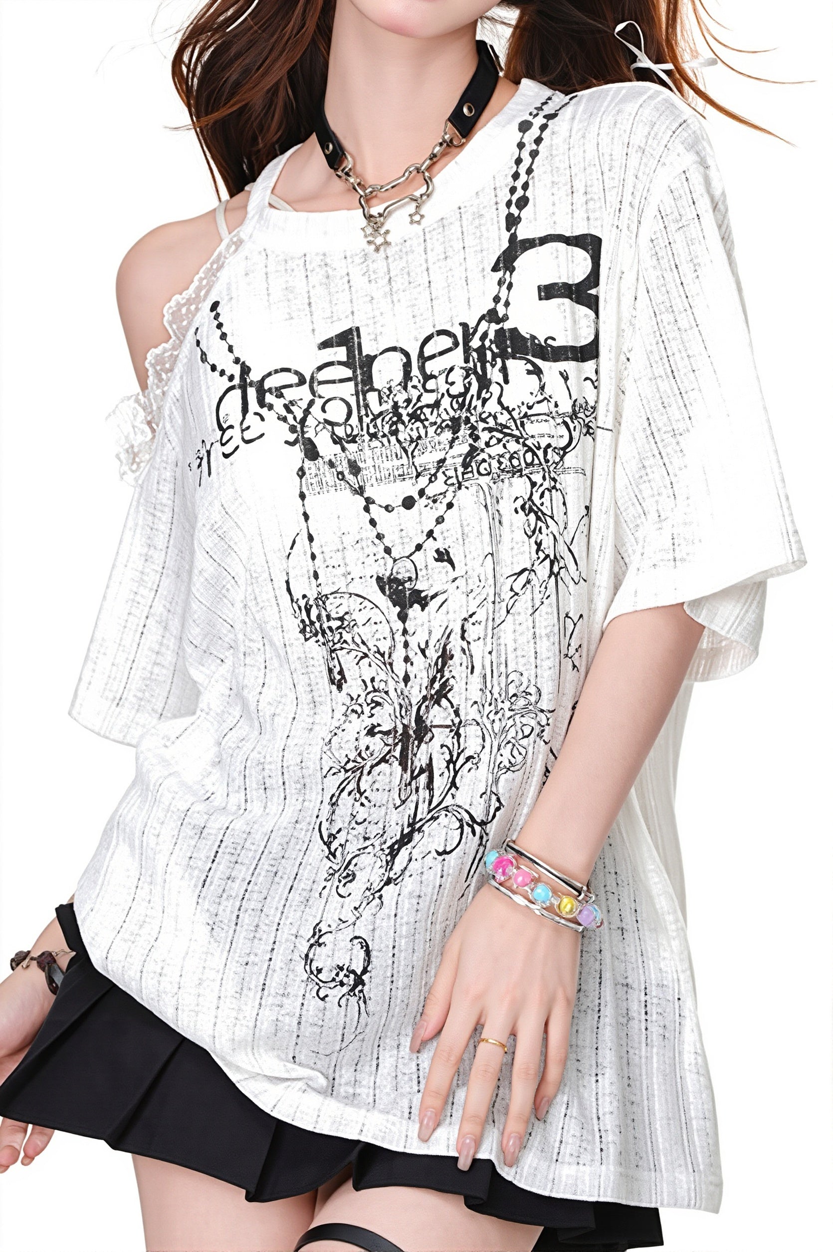 Asymmetric Lace Off Shoulder T‑Shirt