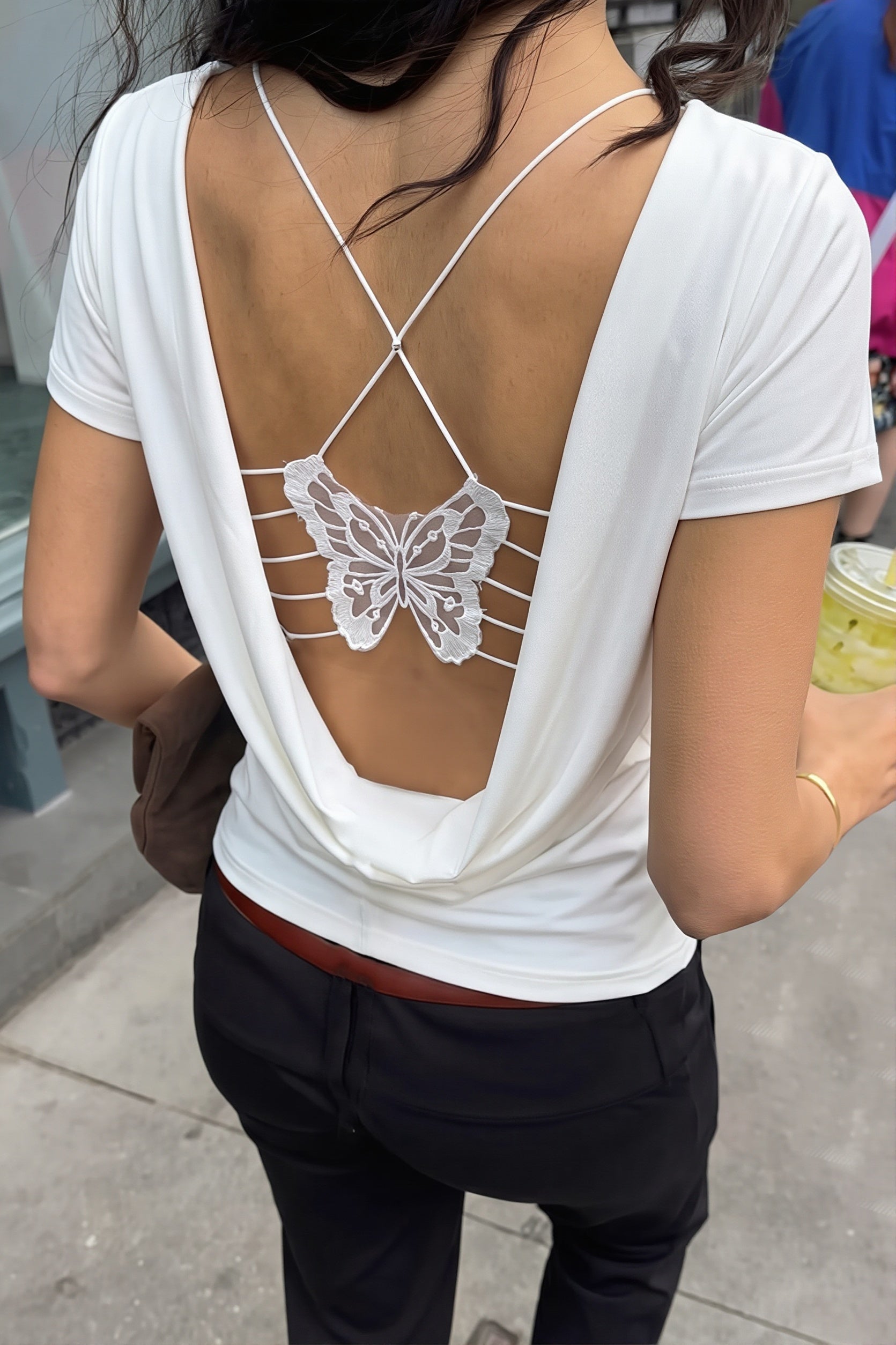 Solid Color Bow Tie Backless T‑Shirt