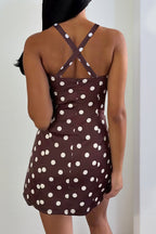 Polka Dot Spaghetti Strap V-Neck Ruffle A-Line Lace Mini Dress