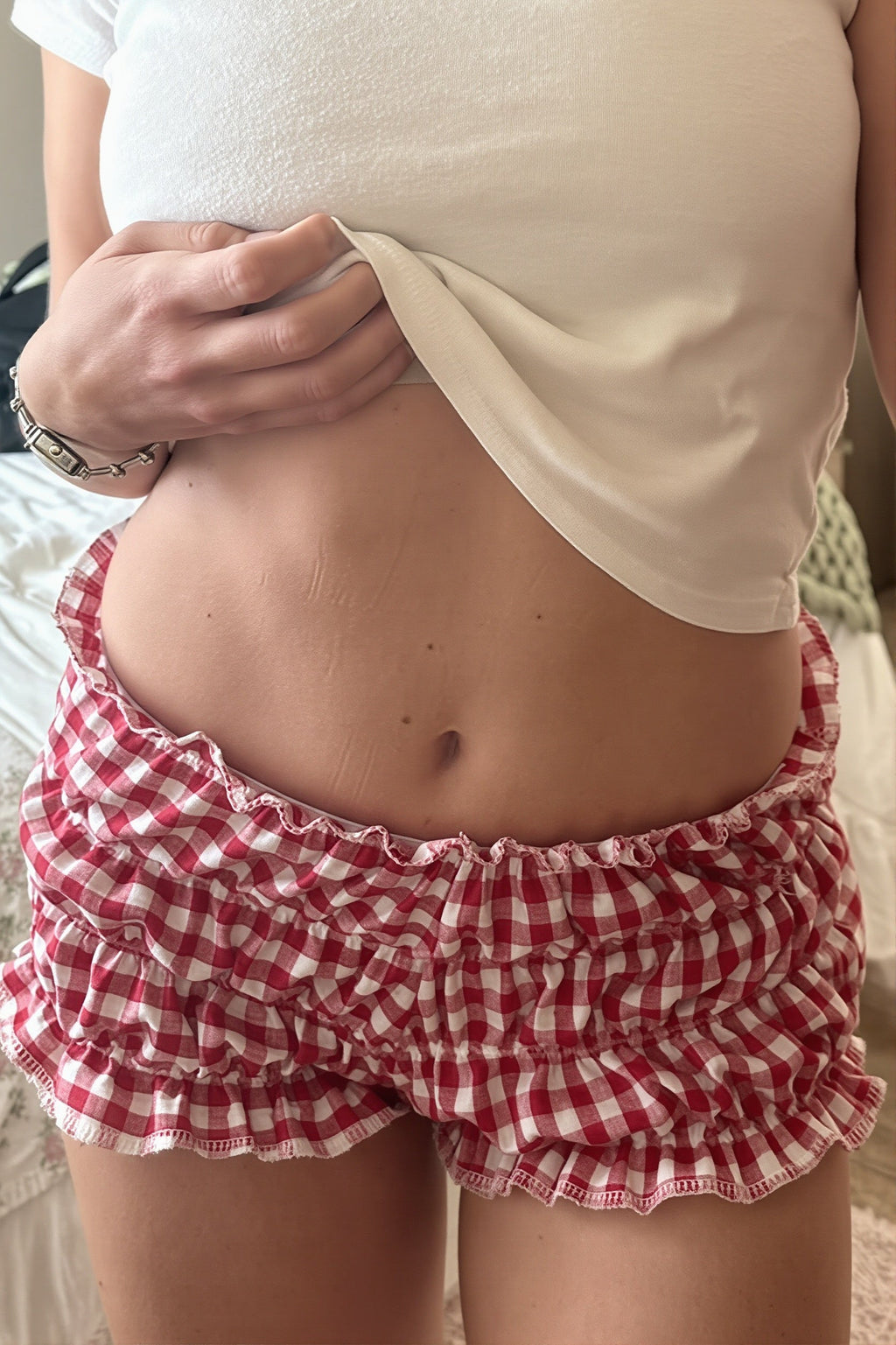 Plaid Ruffle Hem Low Waist Shorts