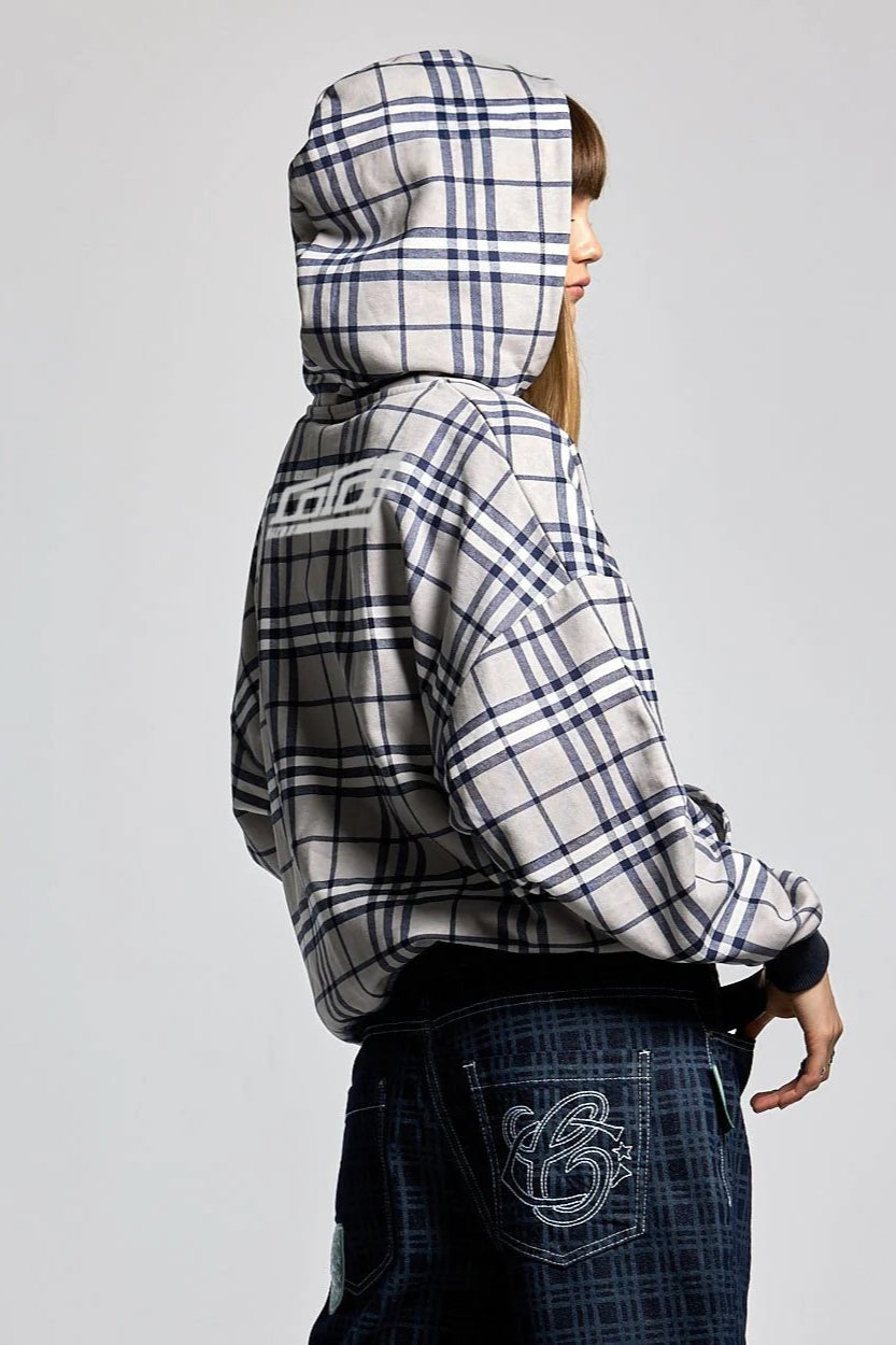 Plaid Printed Zip Y2K Hoodie