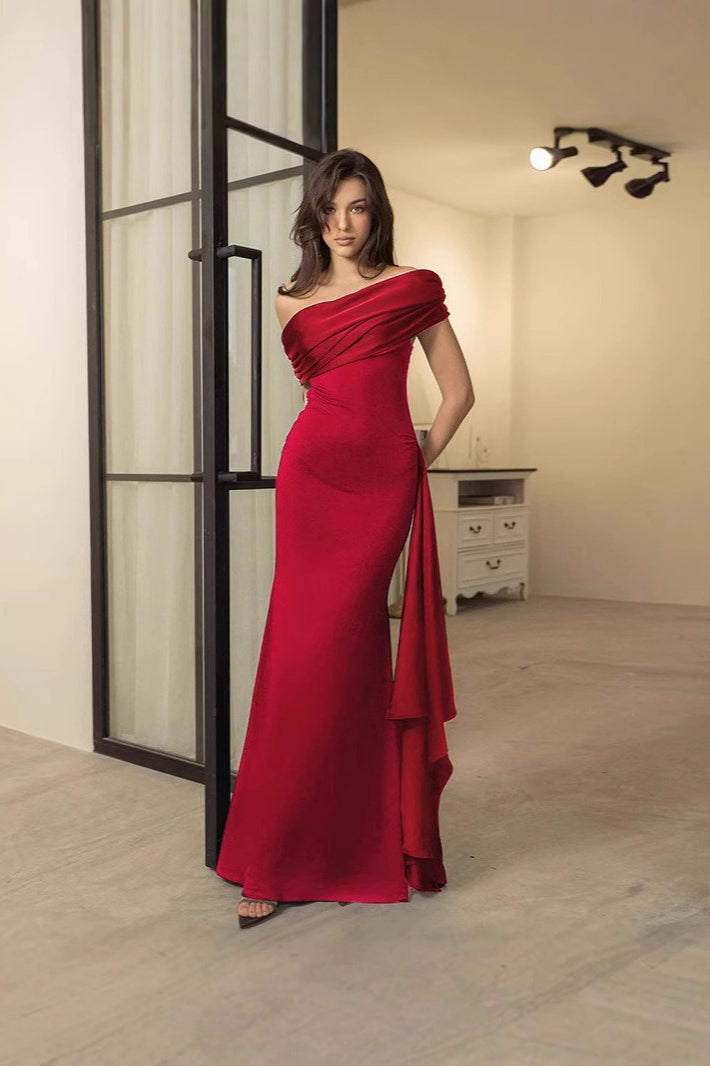 Satin Draped Neck Sheath Formal Dress
