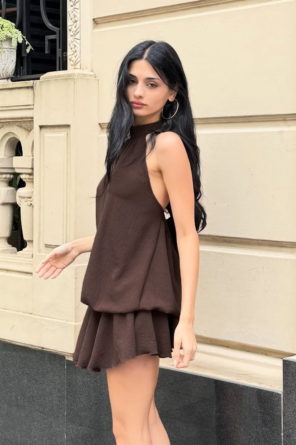 Vintage Solid Pleated Halter Mini Dress