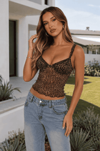 Leopard Print Sheer Ruffled Trim Fit Cami Top
