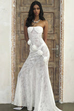 Sheer Lace Strapless 3D Floral Train Maxi Dress