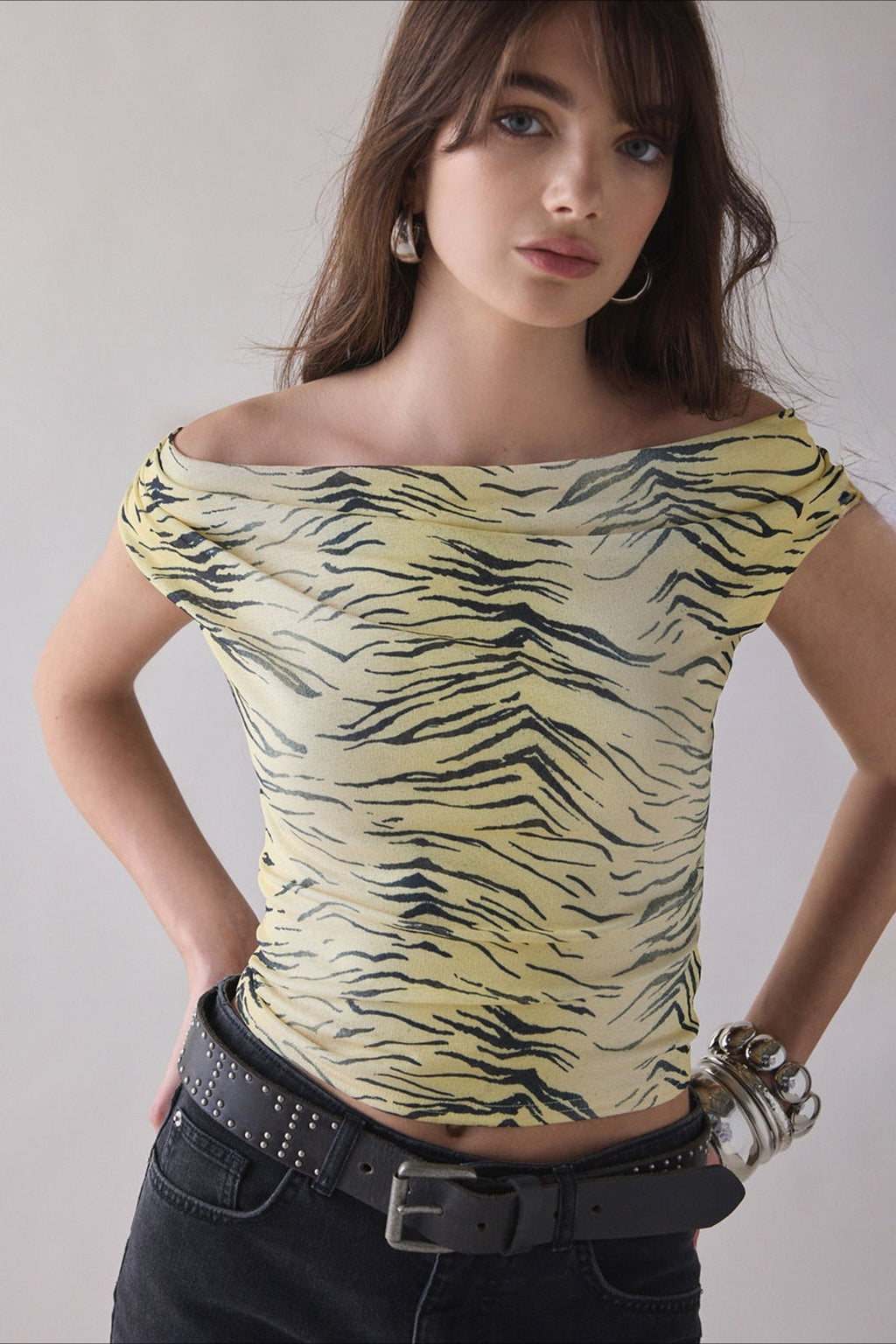 Print One Shoulder Ruched Cropped T-Shirt