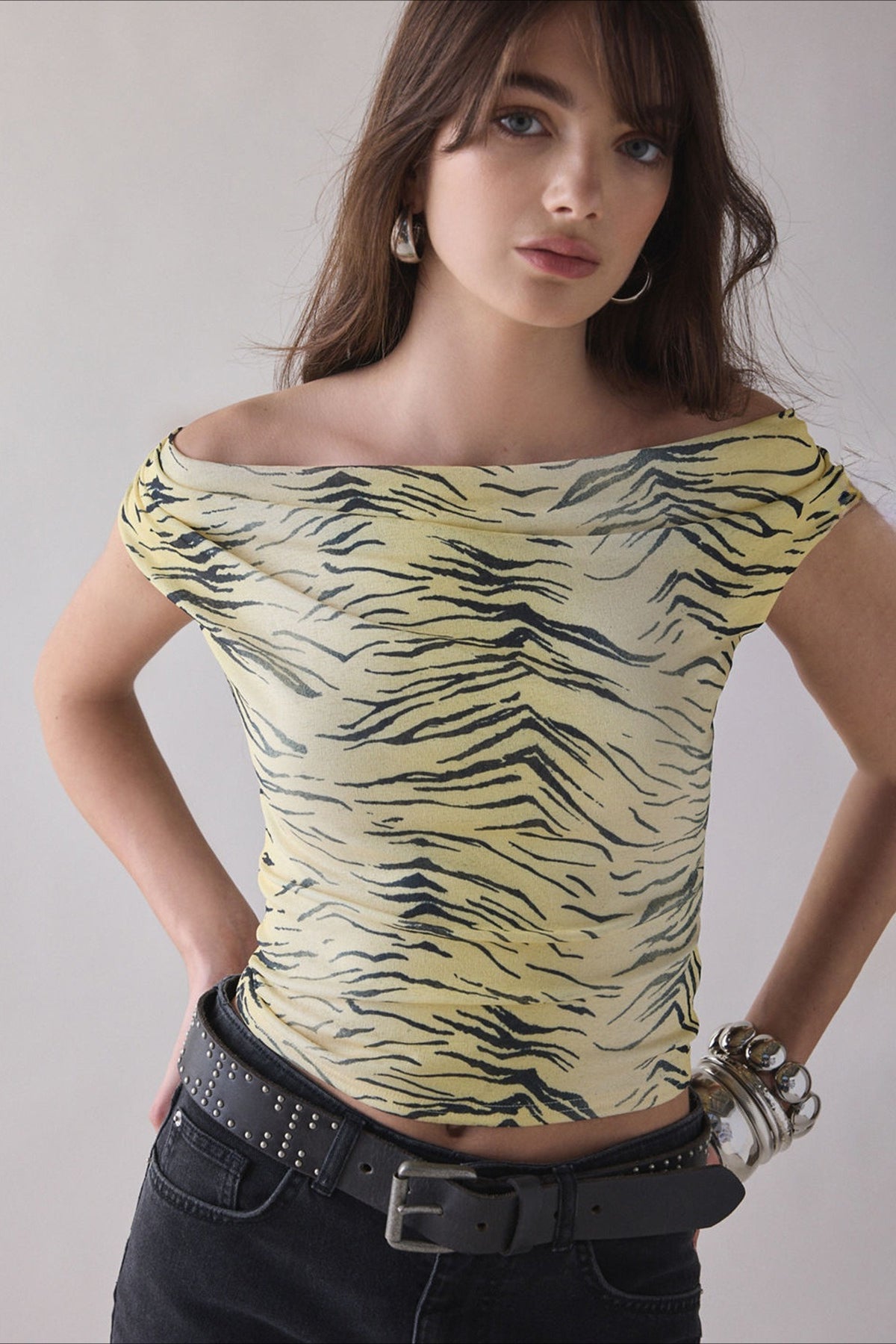 Print One Shoulder Ruched Cropped T-Shirt