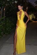 V Neck Halter Backless High Slit Maxi Dress