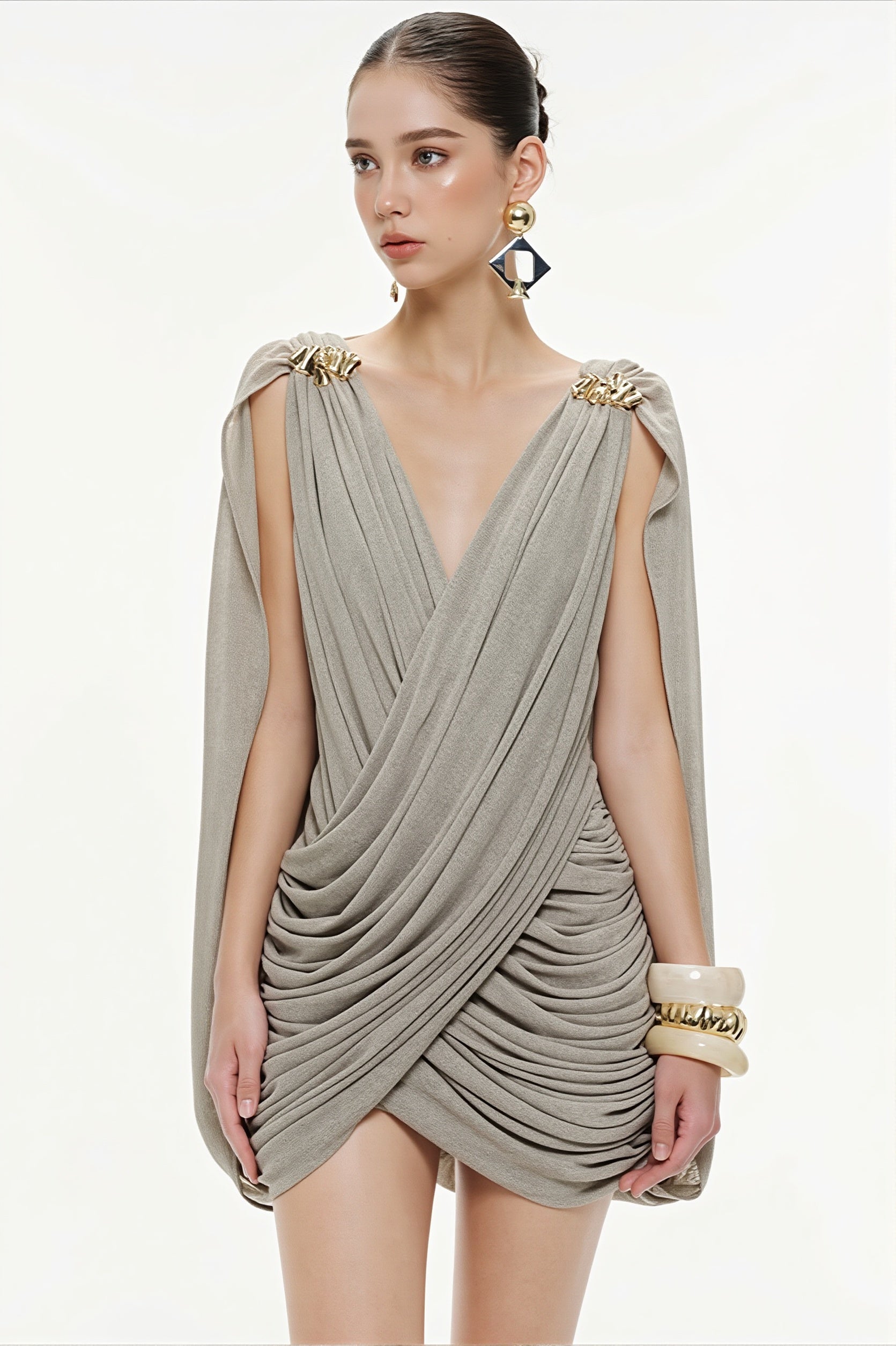 Solid Deep V Asymmetric Mini Dress