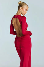 Backless Metal Decor Round Neck Sleeve Maxi Dress