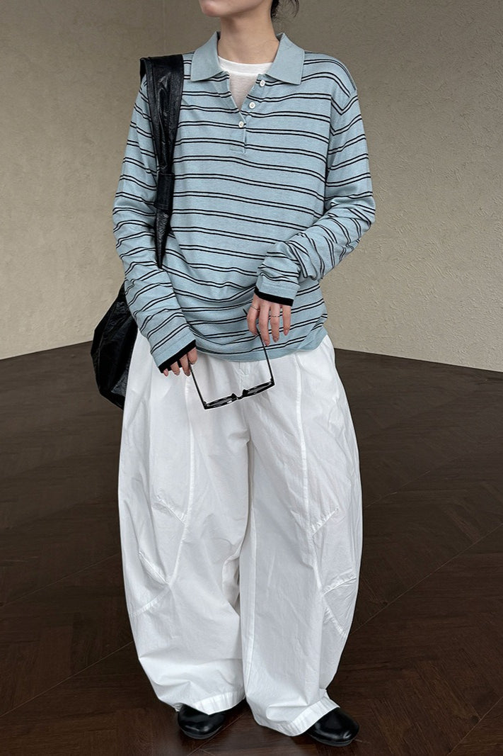 Soft Wool Striped Polo Collar Long Sleeve Tee