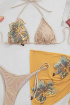 Floral Embroidery Bikini Three Piece Swim Set