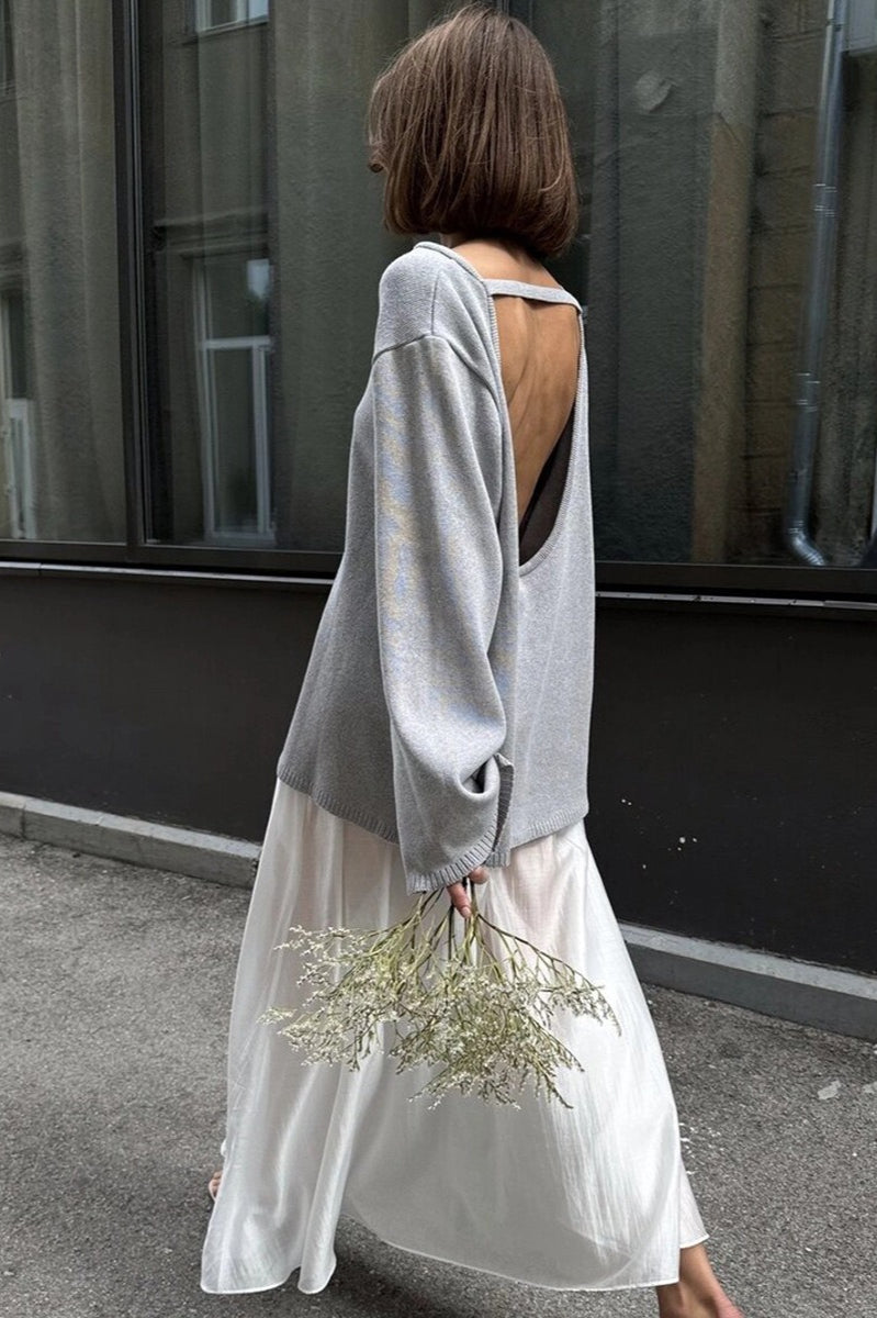 Cotton Pullover Open-Back Loose Knit Top