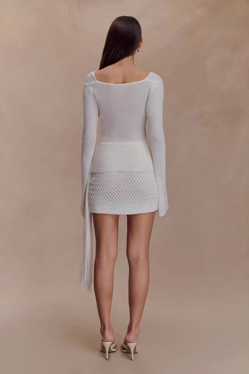 Slim-Fit Waist-Cinched Lace-Knit U-Neck Sweater