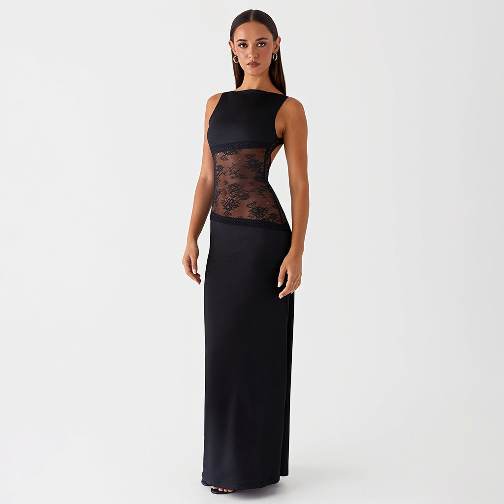 Lace Satin Backless Maxi Dress