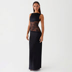 Lace Satin Backless Maxi Dress