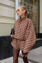 Vintage Houndstooth Zip Jacket And Shorts Two Piece Set