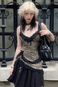 Trendy Asymmetrical Lace Leopard Print Blouse