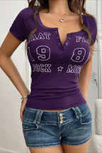 Letter Print V Neck Slim T-Shirt