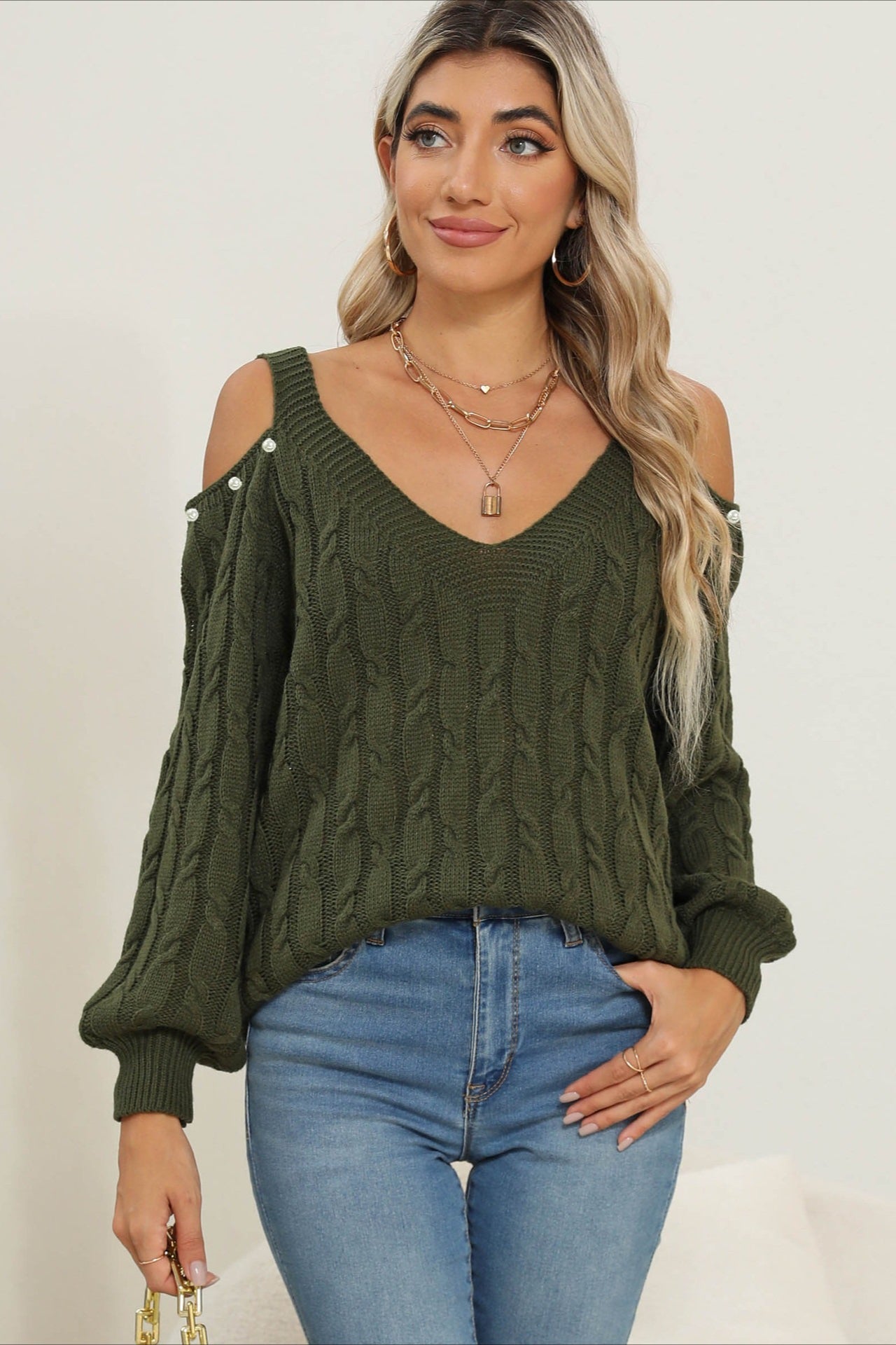 Deep V Off-Shoulder Loose Pullover Sweater