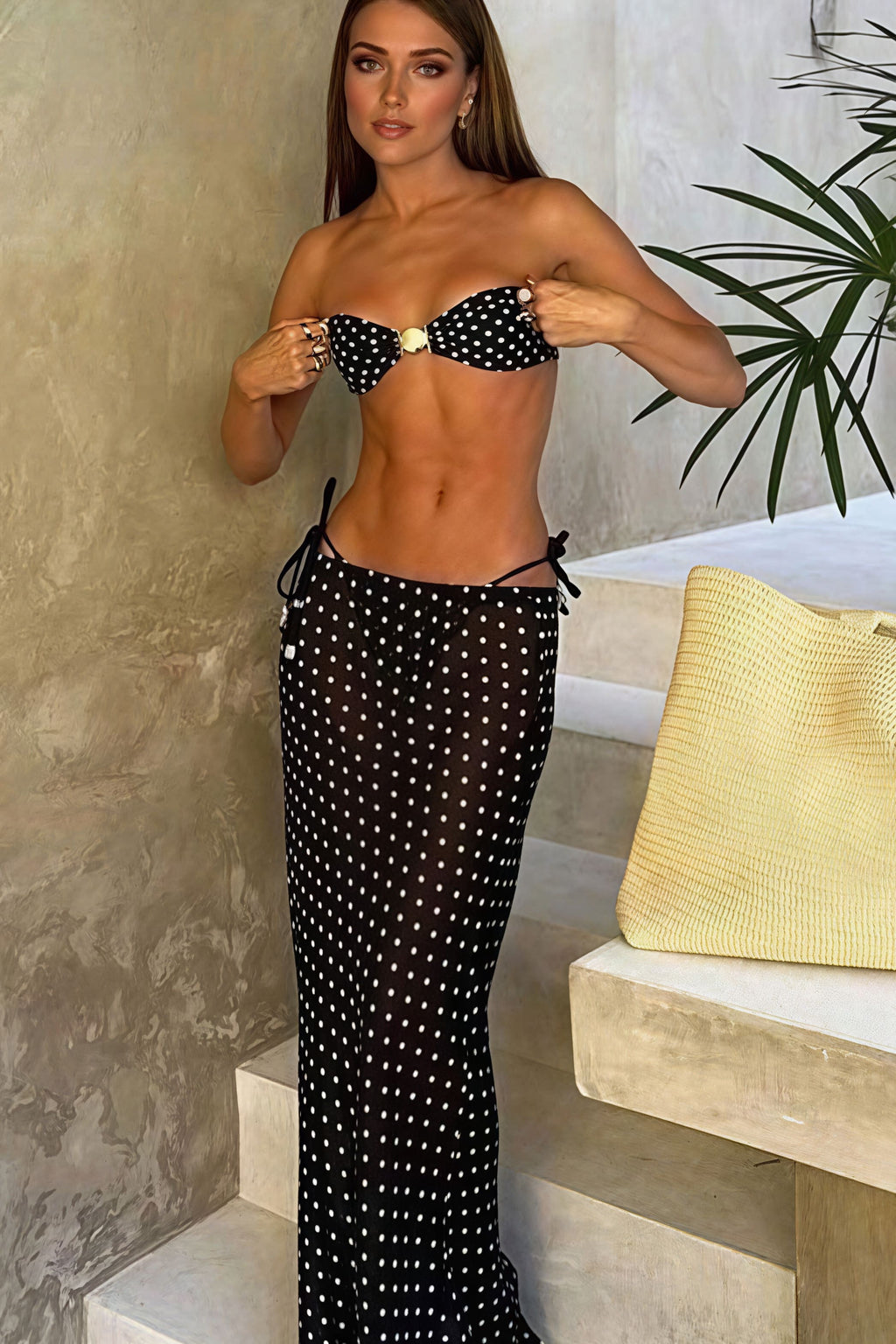 Polka Dot Mesh Skirt Three Piece Swim Set