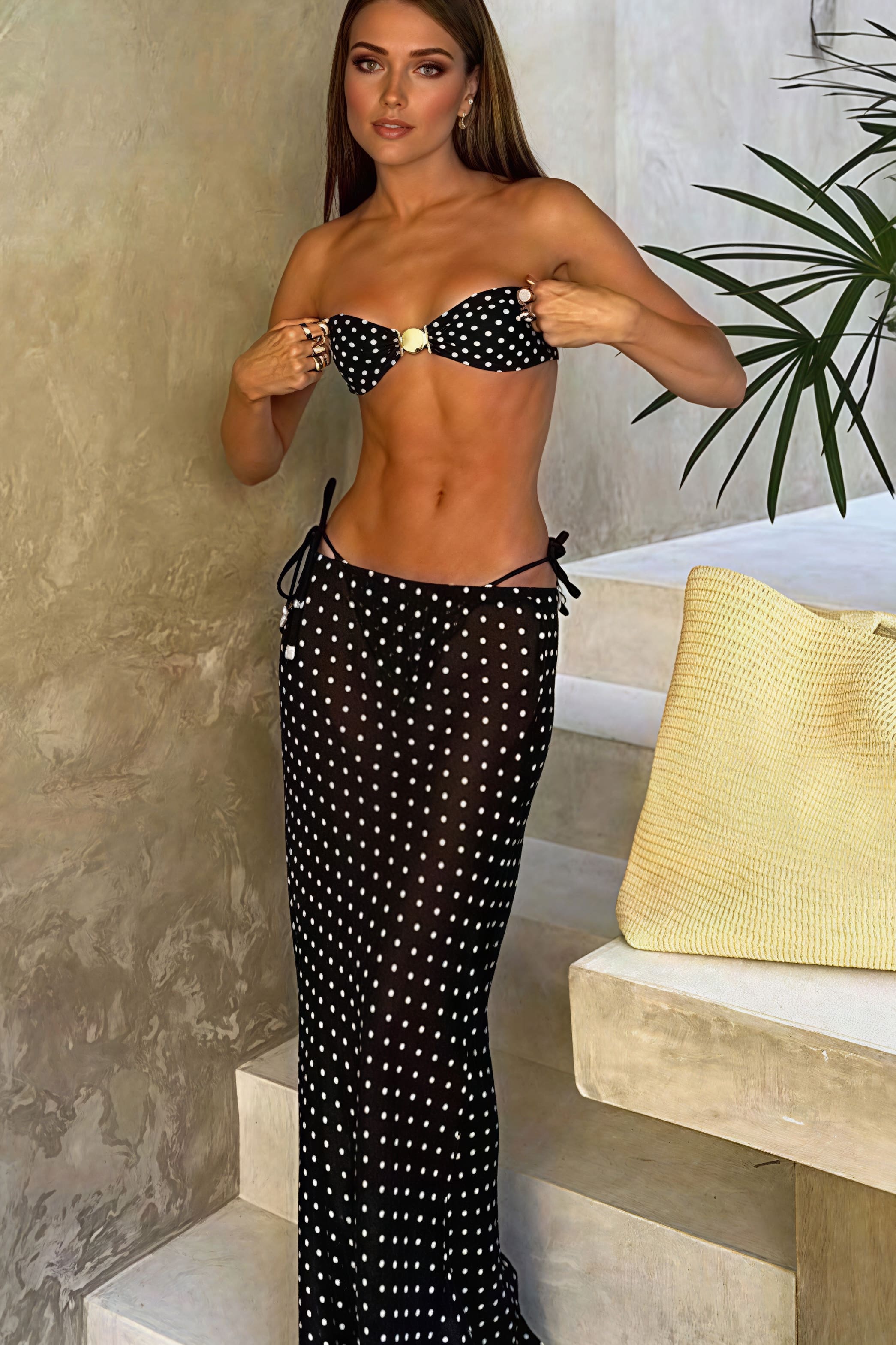 Polka Dot Mesh Skirt Three Piece Swim Set