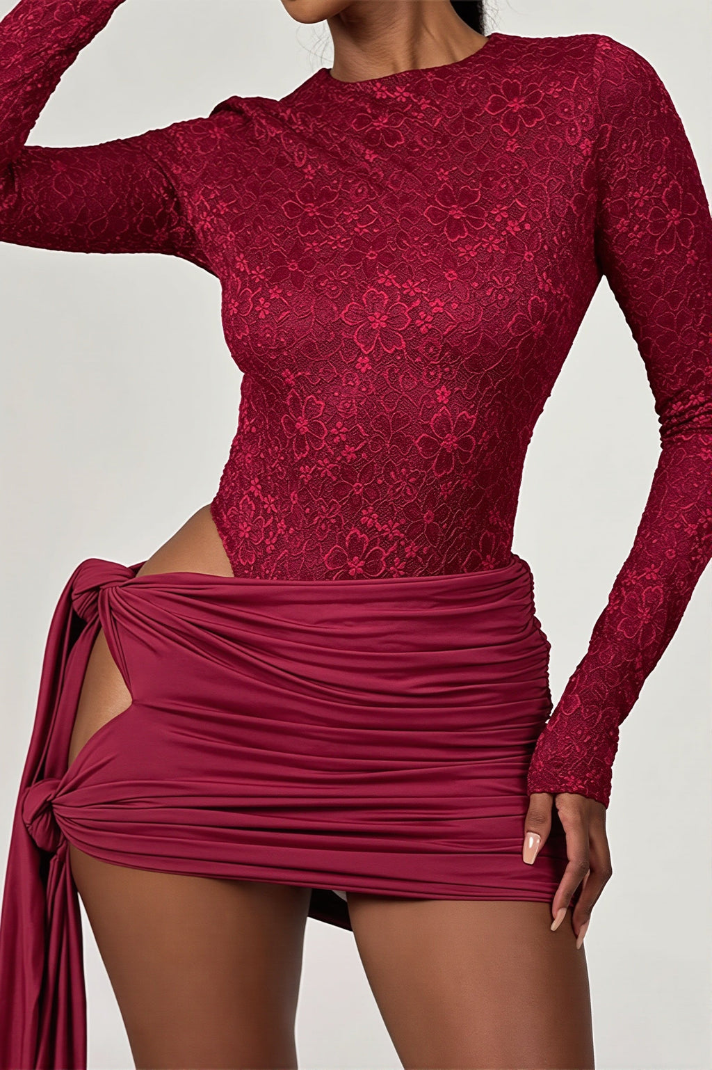 Lace Insert Long Sleeve Bodysuit Skirt Sets