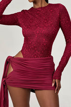 Lace Insert Long Sleeve Bodysuit Skirt Sets