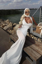 Draped Tie Mesh Patch Tube Prom Dress