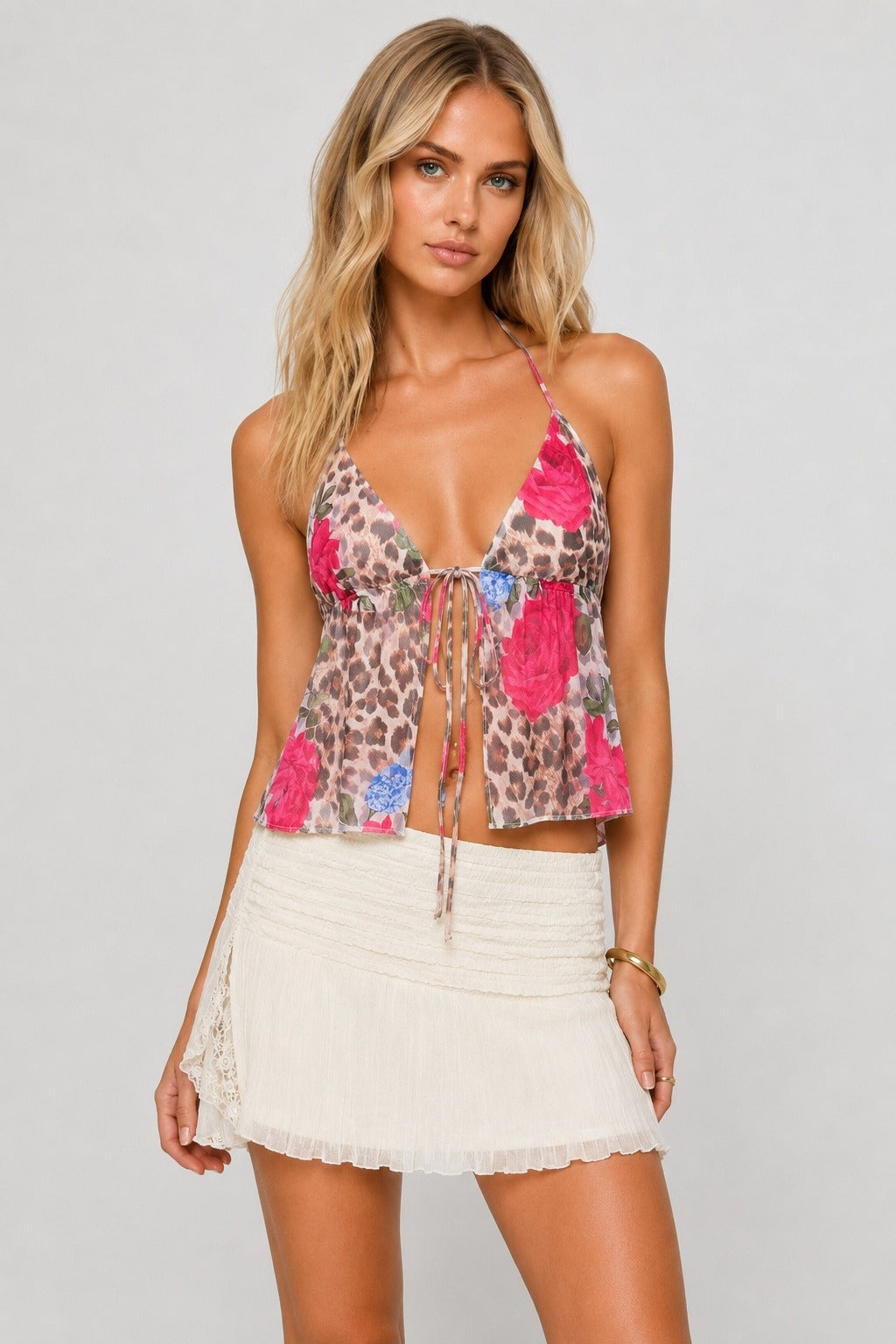 Leopard Floral Tie Halter Top