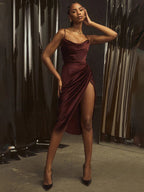 Slim Fit Halter Neck Satin Split Party Dress
