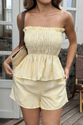 Casual Minimalist Stripe Tube Ruffle Shorts Two Piece Set