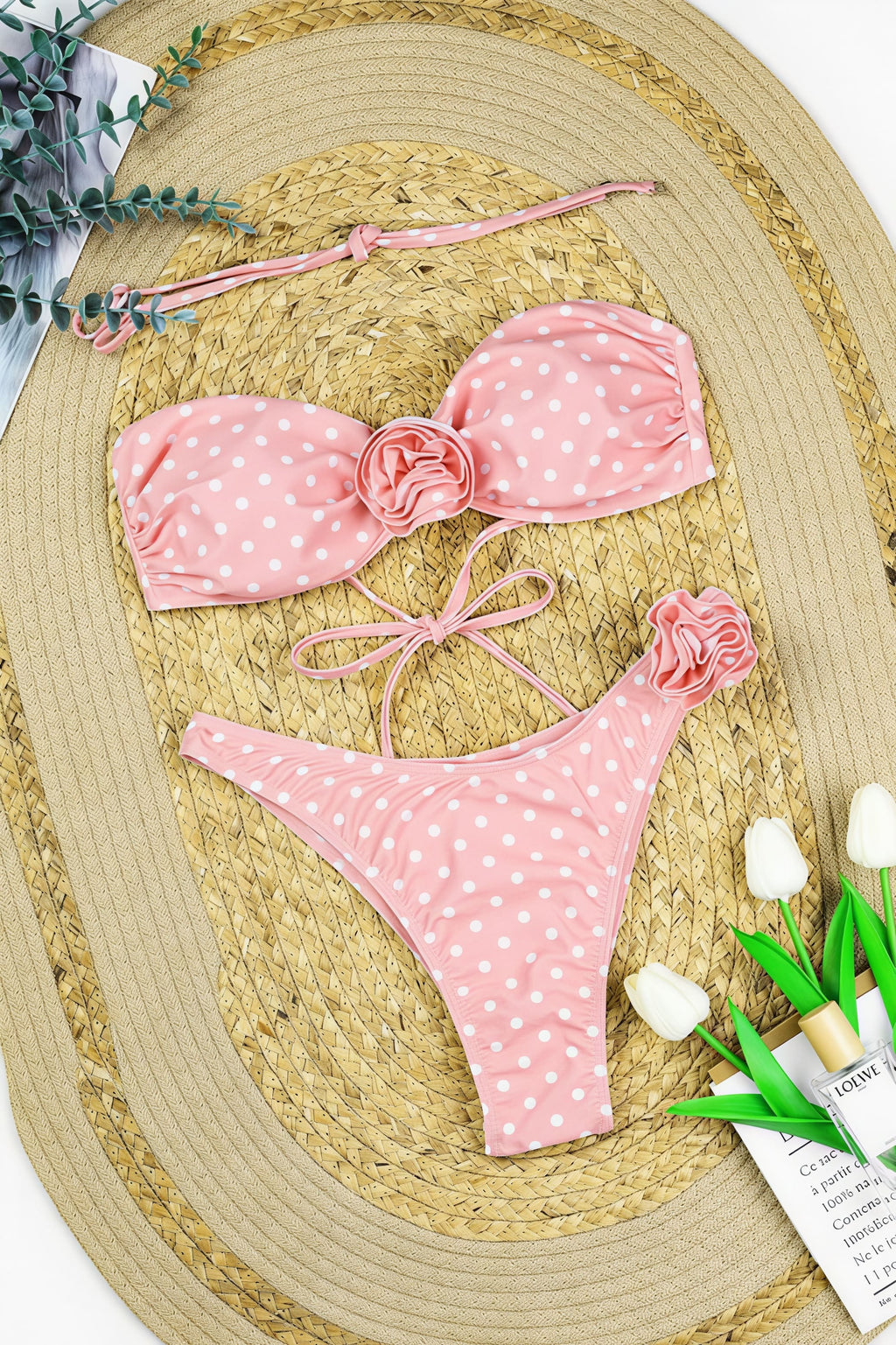 Dot Print Floral Embroidery High Waist Bikini Sets