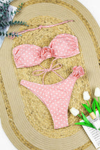 Dot Print Floral Embroidery High Waist Bikini Sets