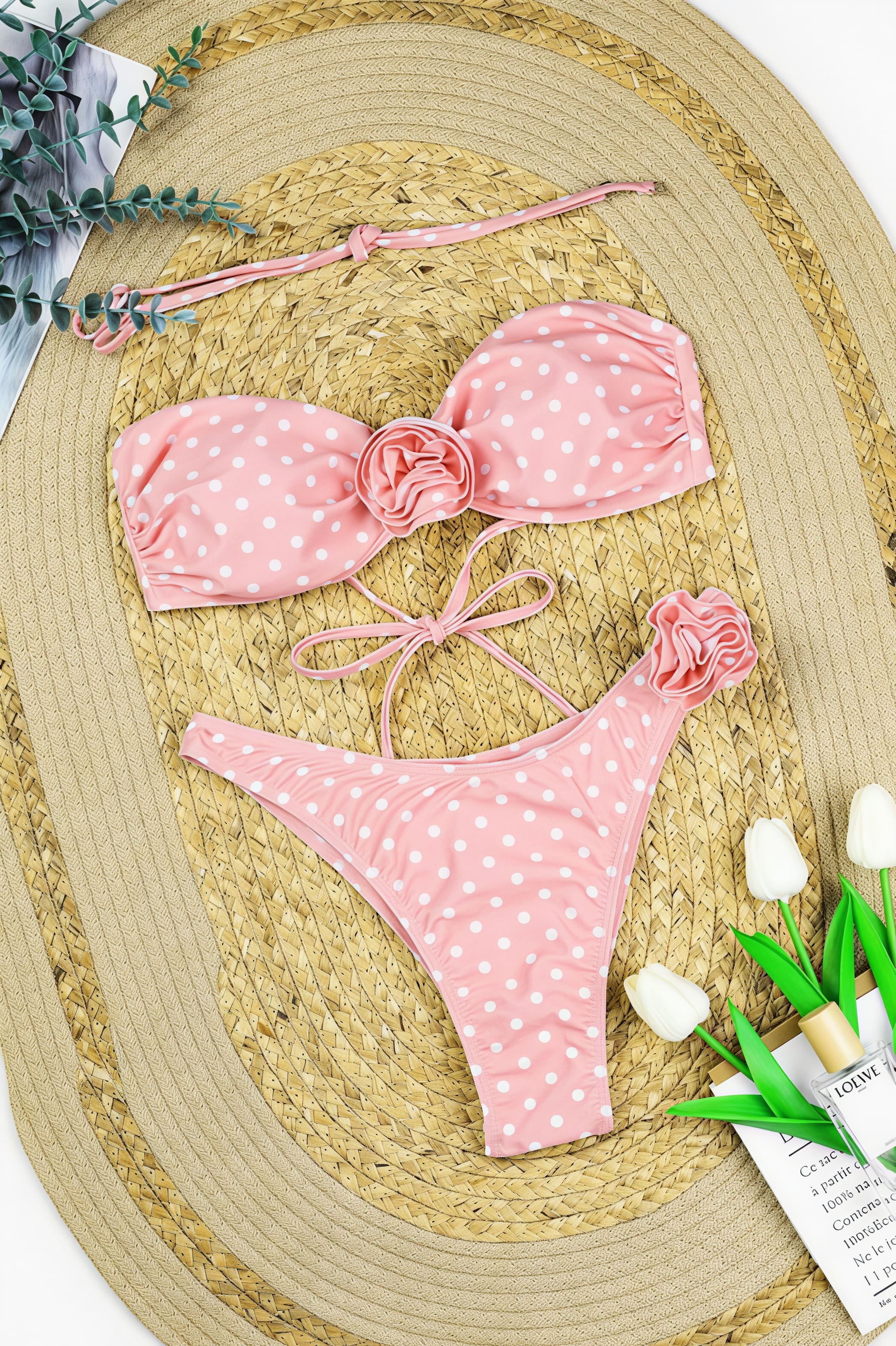 Dot Print Floral Embroidery High Waist Bikini Sets