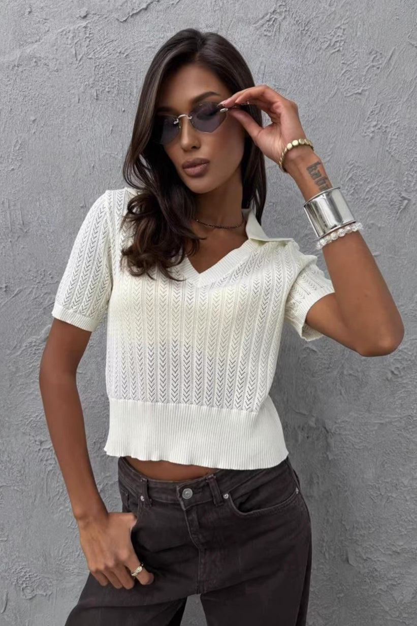 Minimalist Solid V Neck Knit Crop T-Shirt