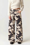 Retro Cow Print Washed Straight Jeans