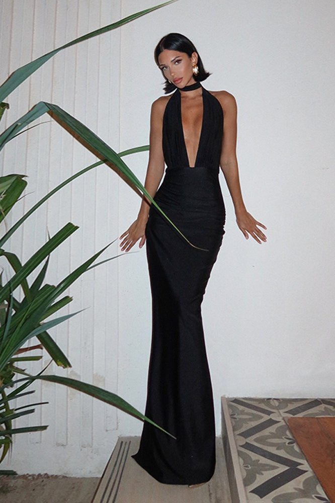V-Neck Halter Backless Split Maxi Party Dress