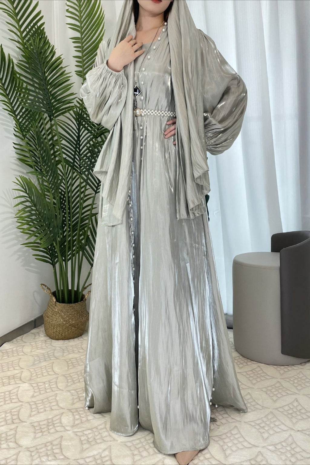 Shimmer Tulle Inner Skirt Outer Headscarf Three Piece Prom Dress