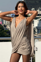 Solid Deep V Asymmetric Mini Dress