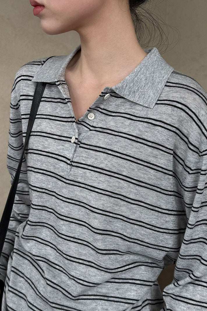 Soft Wool Striped Polo Collar Long Sleeve Tee