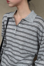 Soft Wool Striped Polo Collar Long Sleeve Tee