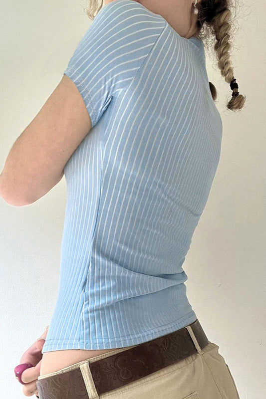 Basic Striped Knit Short Sleeve Slim Blouse