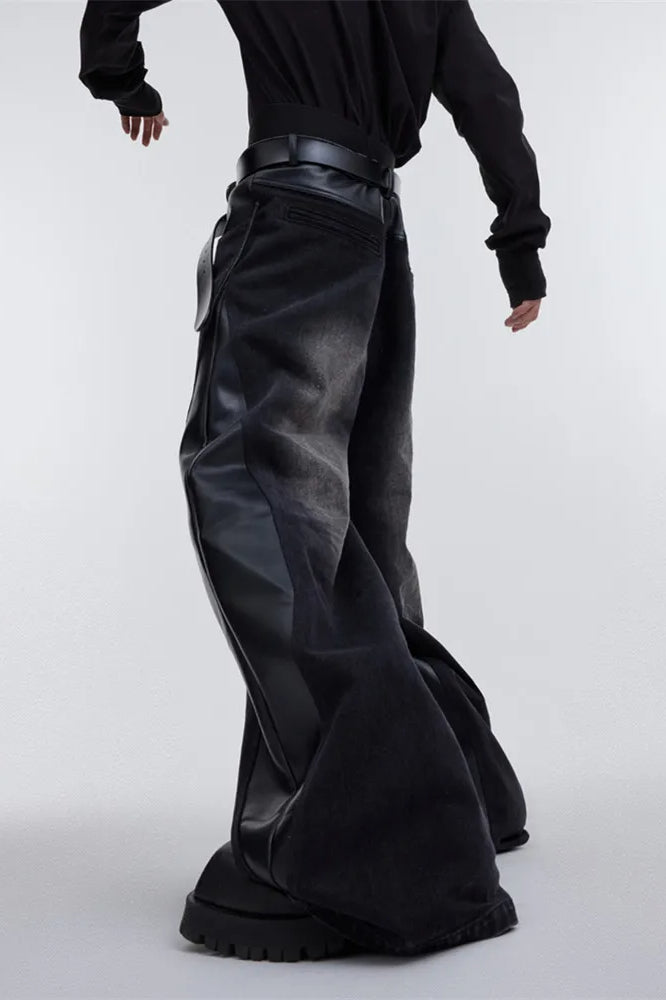 Wide Leg Pu Leather Patchwork Jeans