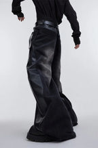 Wide Leg Pu Leather Patchwork Jeans