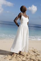 Cotton V Neck Spaghetti Strap Elegant Tie Backless Midi Dress