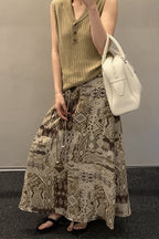 Vintage Print Beaded Belt A Line Maxi Skirt