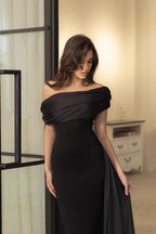 Satin Draped Neck Sheath Formal Dress