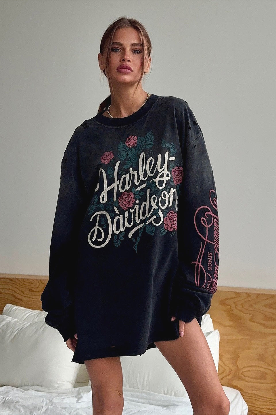 Vintage Distressed Rose Print Sweatshirt