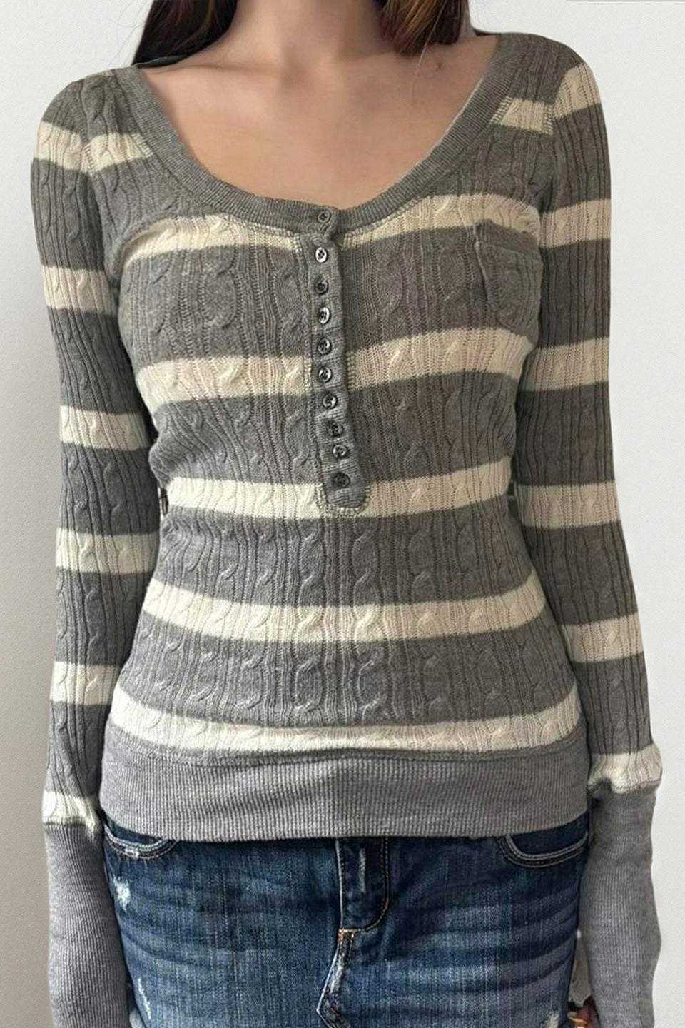 Cable Knit Striped Square Neck Sweet Sweater